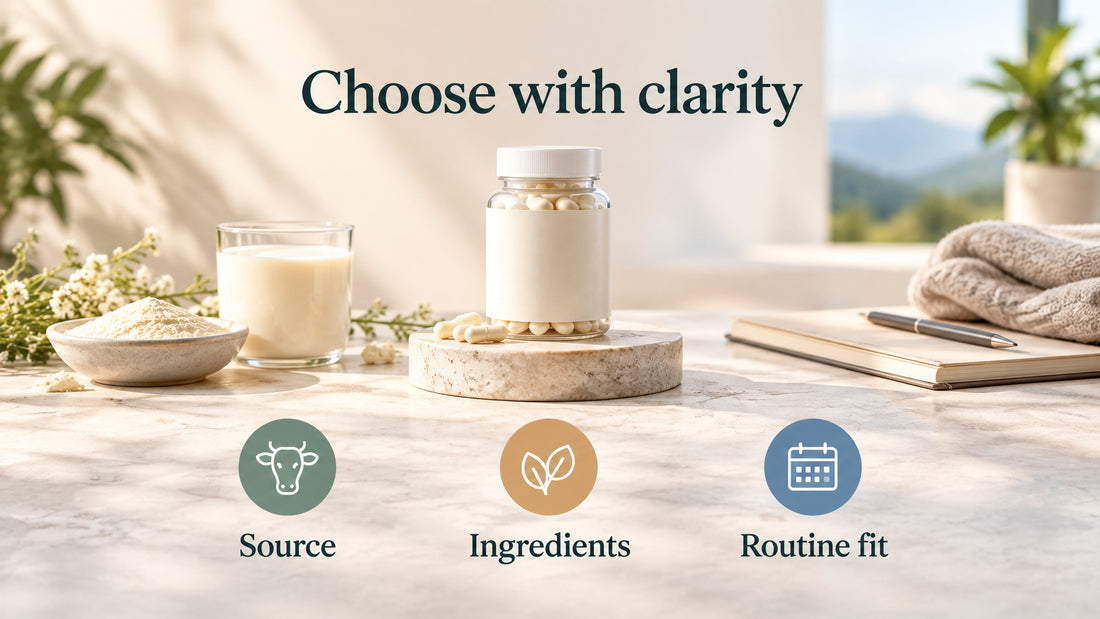 Checklist for choosing a colostrum supplement based on source, ingredients, allergen information, testing, and routine fit