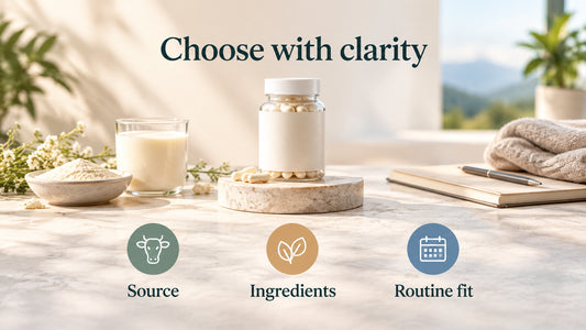 Checklist for choosing a colostrum supplement based on source, ingredients, allergen information, testing, and routine fit